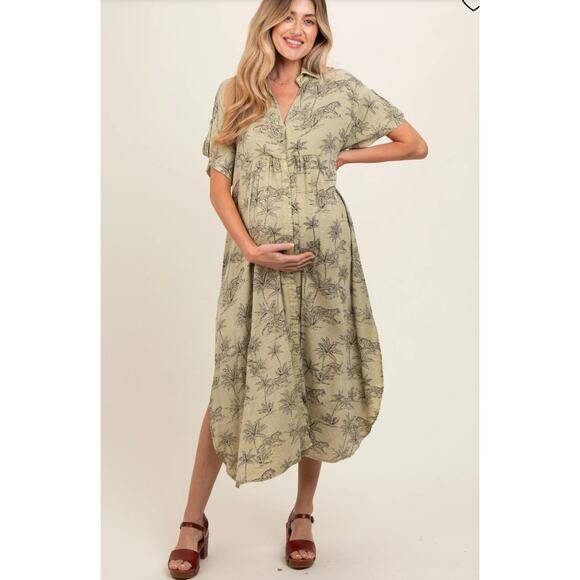 Easel Dress Small Green Tiger Print Button Front Midi Boho Safari Slits Roll Tab - Picture 3 of 16